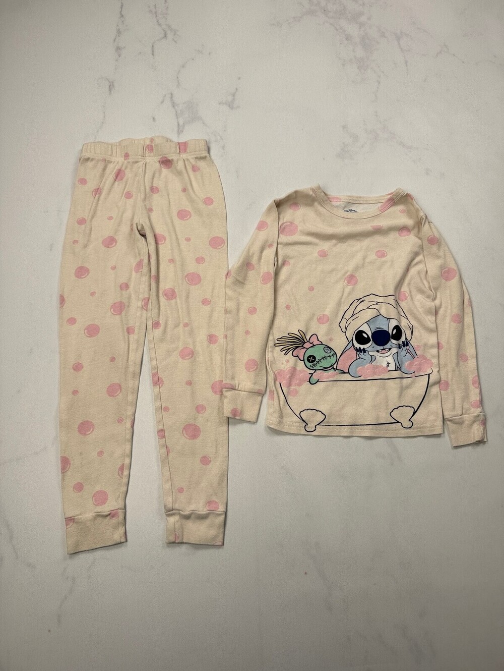 Disney Stitch Graphic Tee Pajama Set Cream 2000s Retro Matching Set - Girls 10